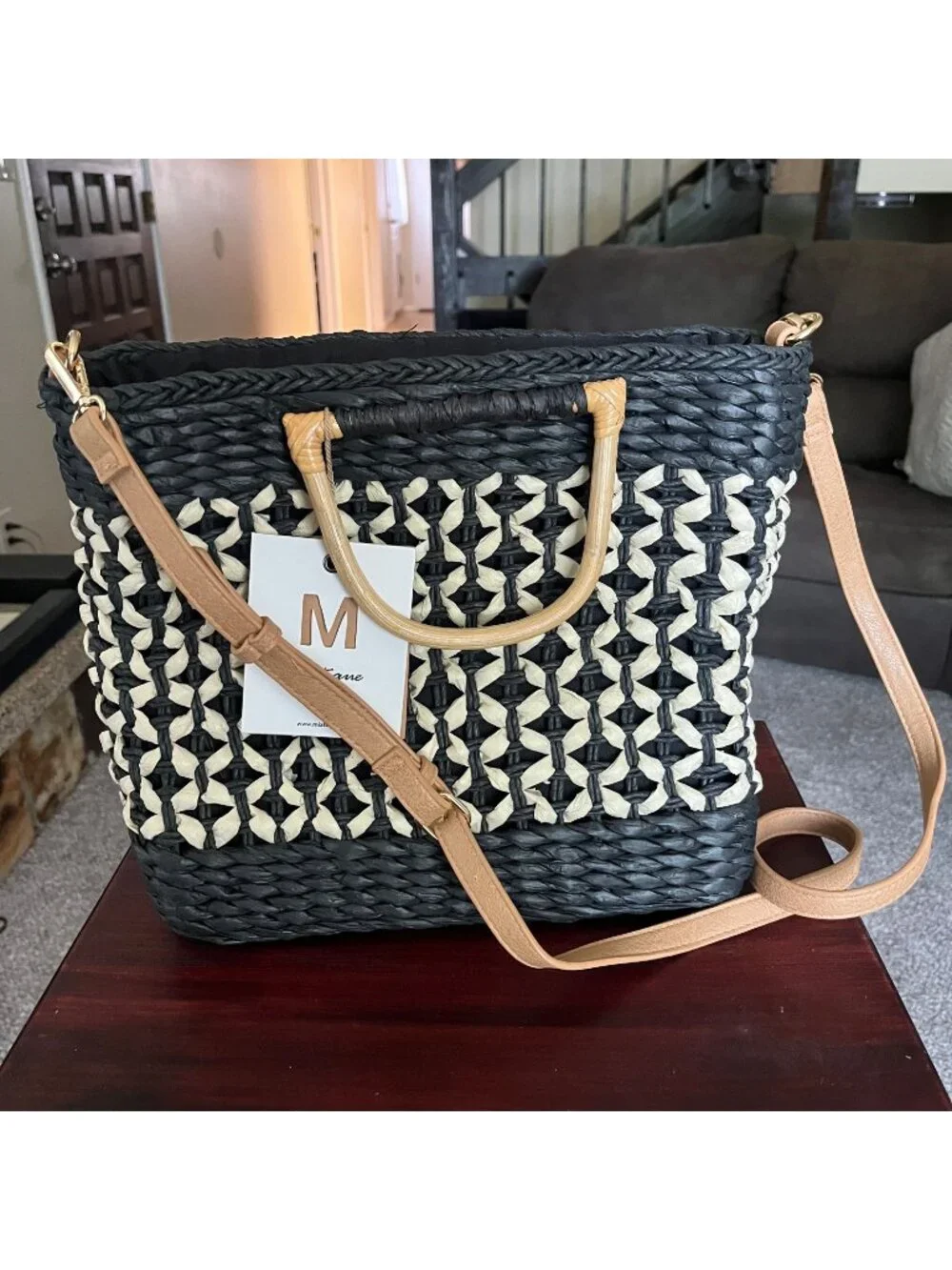 NWT- Miztique Mia Straw Satchel Black & Beige